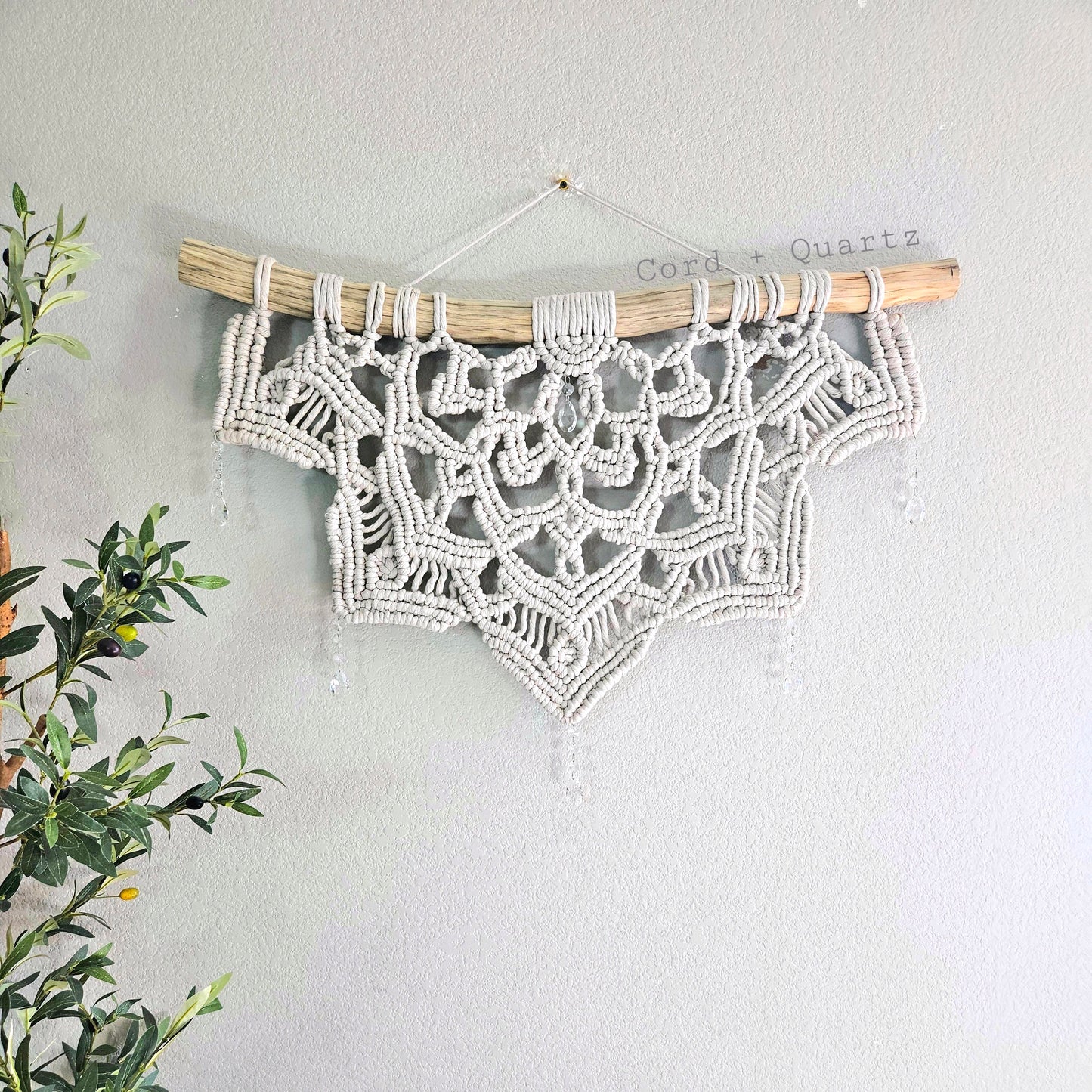 3 foot Large half mandala macramé wall hanging with hanging crystal drops.