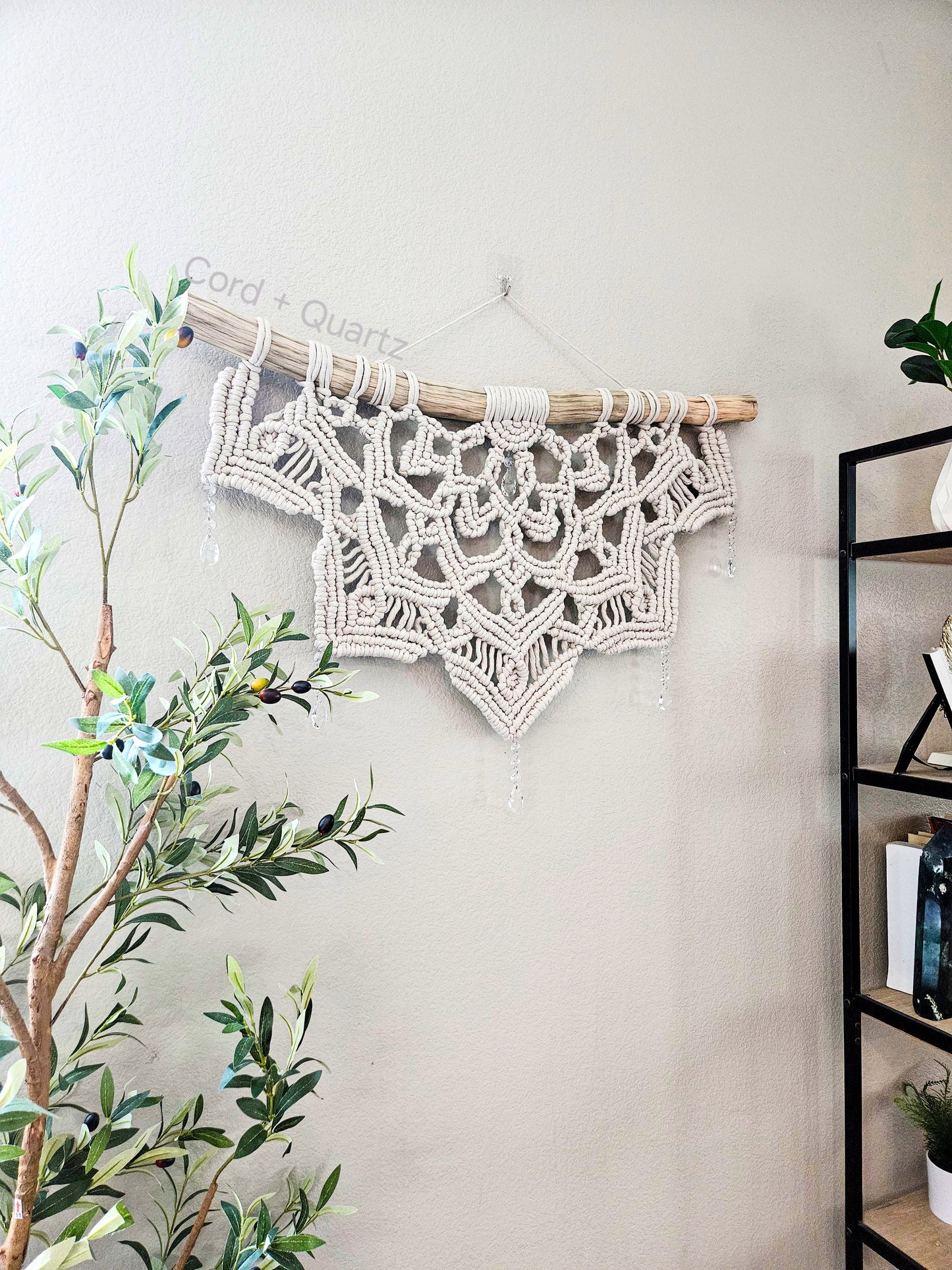 3 foot Large half mandala macramé wall hanging with hanging crystal drops.