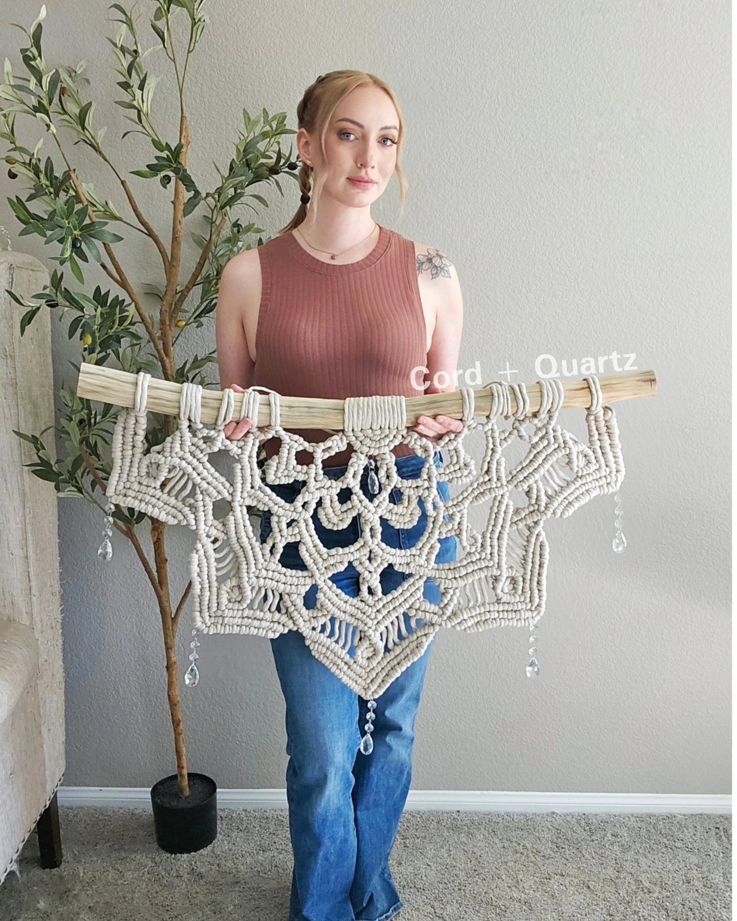 3 foot Large half mandala macramé wall hanging with hanging crystal drops.